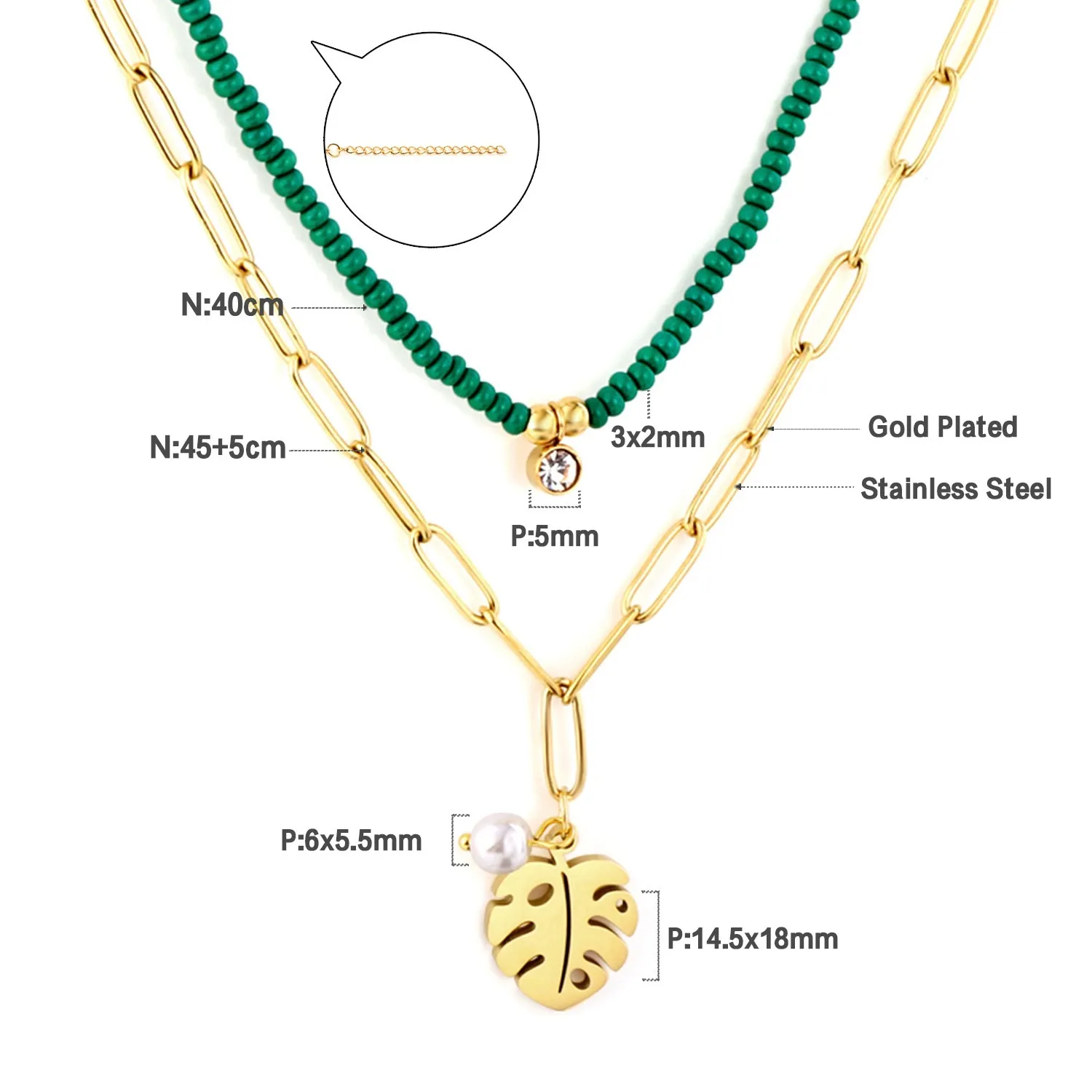 Leaf double necklace Green